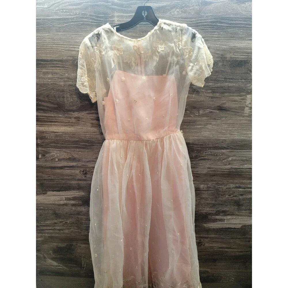 VTG 70s Party Tea Dress Women  Bridesmaid Chiffon Peach White Coquette